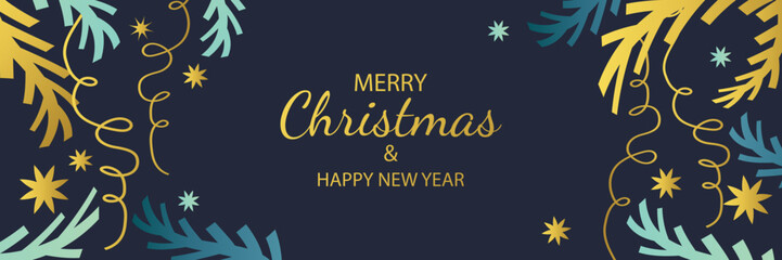 Christmas background. Greeting card, Christmas and New Year banner. Dark blue background with blue and gold Christmas tree branches and stars and a greeting message. Vector template