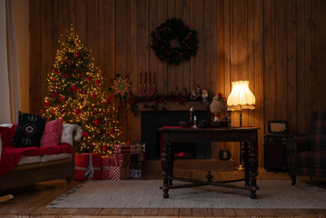 
Cozy, vintage-style living room decorated for Christmas with a lit tree, fireplace, and ambient...