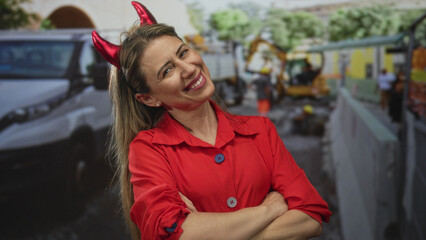 Woman in devil horns headband and red shirt smiling with arms crossed on street; confidence optimism.