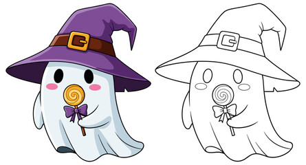 Cute Halloween ghost with witch hat and lollipop, colored and outline versions, festive cartoon character, children’s activity design