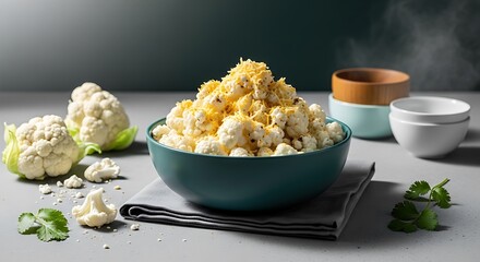Healthy cauliflower popcorn snack in a teal bowl with fresh cauliflower florets