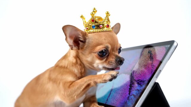 Cute chihuahua puppy with a regal crown browsing a digital tablet. Petite royal pup resting on a white backdrop