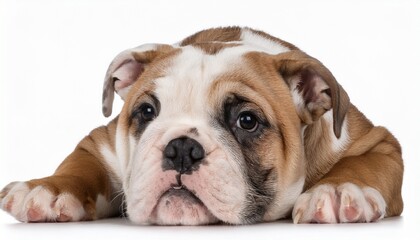 Obraz premium one english bulldog puppy laying isolated on white background