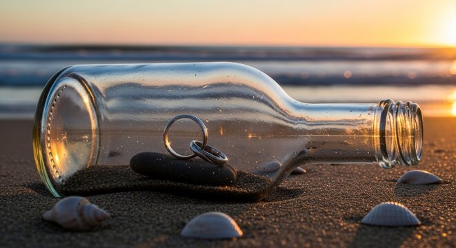 Romantic proposal message in a bottle with engagement rings on a serene sunset beach - Powered by Adobe