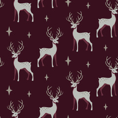 Seamless vector pattern with fawn on burgundy background. Deer woodland illustration for textile, wallpaper or print design. Elegant winter design