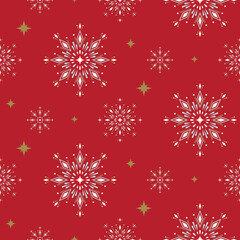 Snowflakes on a red background, Festive elegant Christmas seamless pattern. Vector background for wrapping paper, cards, congratulations.