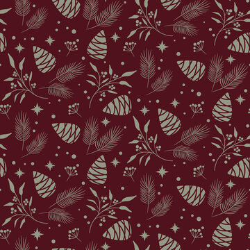 Pine Cone dark red Pattern, Seamless Christmas winter woods texture tileable background