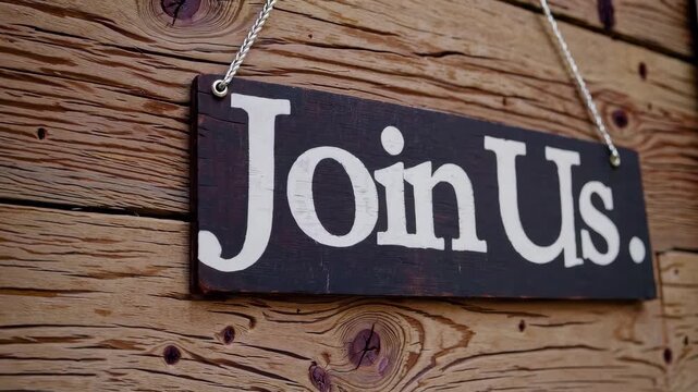 Close-up of rustic wooden hanging sign with white join us text on timber wall, recruitment and community invitation business concept for vacancy