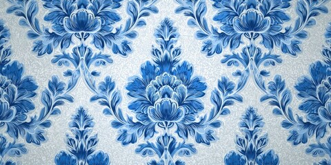 Vintage Blue Victorian Wallpaper with Floral Damask Pattern and Texture