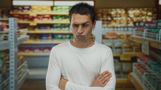 Young hispanic man in a white shirt stands confidently with arms crossed in a bustling supermarket aisle surrounded by colorful grocery products indoors. - Powered by Adobe