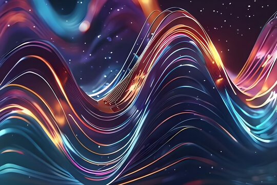 Luminous Abstract Waves Formed by Glowing Neon Light Streaks in Blue, Orange, and Pink, Creating an Ethereal Cosmic Atmosphere for Technology, Data Flow, Energy, and Futuristic Design Concepts