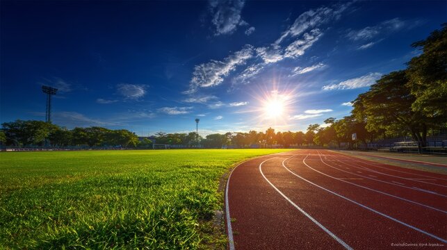 The scenery on a sunny day includes a red running track that stretches into the distance, with green grass lining either side and a blue sky overhead that contains white clouds