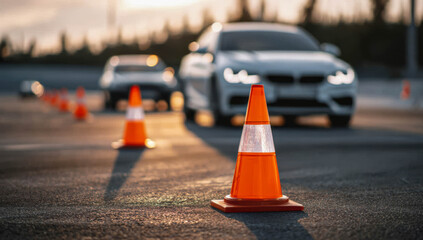 Cars navigate through traffic cones during a driving practice session at an outdoor track in the evening sunlight Generative AI