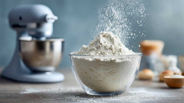 Flour being sifted into a bowl next to a stand mixer in a well-lit kitchen setting during day time Generative AI - Powered by Adobe