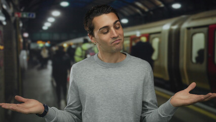 Young man with a casual shrug standing at a bustling train station indoors, with blurred commuters and train in the background, expressing uncertainty.
