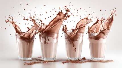 An array of milkshake splashes, contrasted against a white background, showcases the dynamic movement of the milkshake as it's being stirred or poured, emphasizing the smooth, luxurious texture of