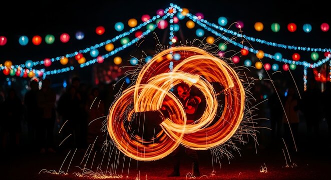 Fiery light trails in night sky with festive string lights and dark background