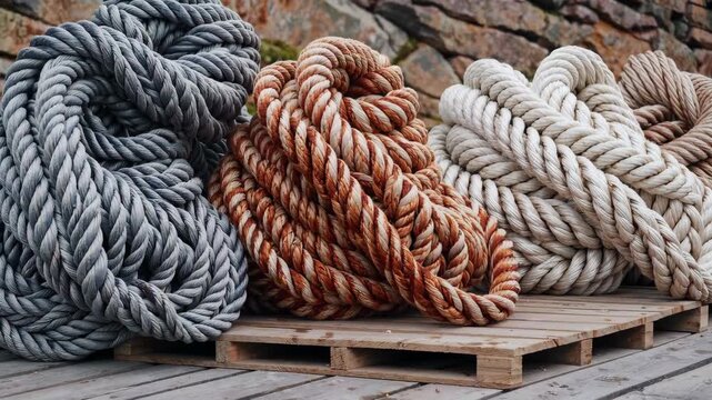 Heavy nautical ropes in grey brown and white colors coiled on wooden pallet, maritime industry and shipping equipment