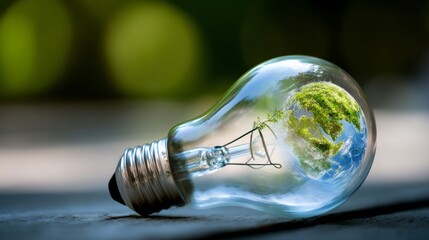 A light bulb featuring a world map composed of greenery represents sustainable energy and environmental awareness, encircled by lush vegetation