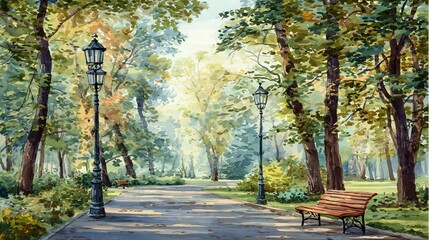 The serene summer watercolor landscape features a tranquil street scene with trees, benches, and a sense of relaxation, perfect for promoting feelings of calmness and peace
