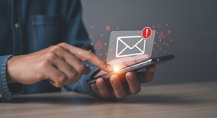 Person holding a smartphone with a prominent email notification icon, indicating new messages, spam, or an important digital alert