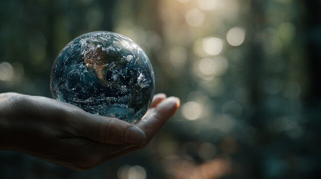 A hand holding the Earth, with a lush forest in the background, conveys a powerful message of forest preservation, adherence to CSR values, and a commitment to reaching net-zero emissions