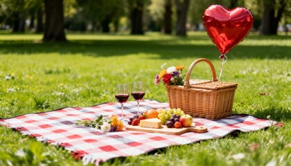 romantic valentines picnic with heart balloon wine and cheese in green park
