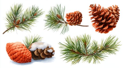 Fototapeta premium Modern illustration featuring a watercolor-style depiction of pine branches and cones on a white background
