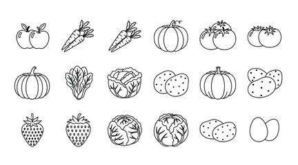 Outline drawing of fruits and vegetables in a row on white background