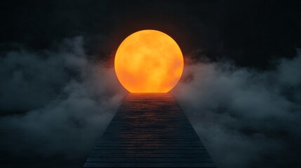 Fototapeta premium Orange Moonlit Path Misty Dock to Celestial Orb, Digital Art, Fantasy Landscape, Surrealism