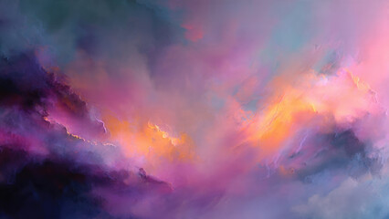 Fototapeta premium Vibrant abstract sky with colorful clouds in shades of pink, purple, orange, and blue, creating a dreamy, ethereal atmosphere.