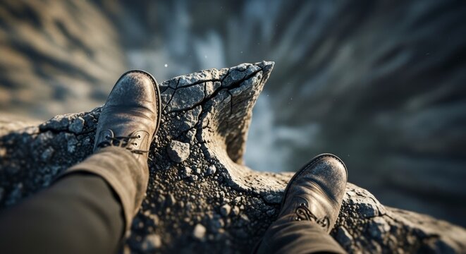 Overlooking the precipice from a first-person view with worn boots on a dangerous rocky peak