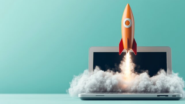 Orange Rocket Launching from Laptop Screen, Digital Startup, Business Growth, Online Launch Digital Marketing, Business Growth