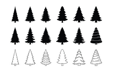 Obraz premium Collection of different christmas tree silhouettes and outlines in black and white