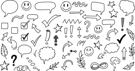 Arrows, check marks, speech bubbles, stars, question marks, exclamation points, smiley faces, leaves, abstract shapes, doodles, sketch, symbols, icons, communication,  flat vector illustration