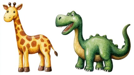 Fototapeta premium A colorful jungle scene features a cute cartoon giraffe and dinosaur standing together surrounded by green and orange leaves in a playful and friendly animal illustration