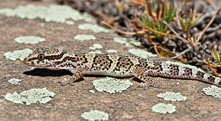 Fototapeta premium Pristurus Abdelkuri on Rough Stone Surface Scattered Lichen Dry Vegetation Endemic Gecko