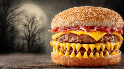A festive Halloween burger features a pumpkin bun, cheddar cheese, lettuce, onion, and a spooky face, all set against a warm candlelight autumn mood with creative food