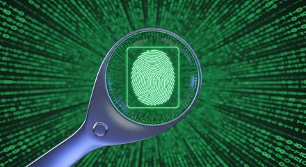 Magnifying glass highlighting a glowing green fingerprint against a backdrop of flowing binary code, symbolizing digital identity, biometric security, and data protection