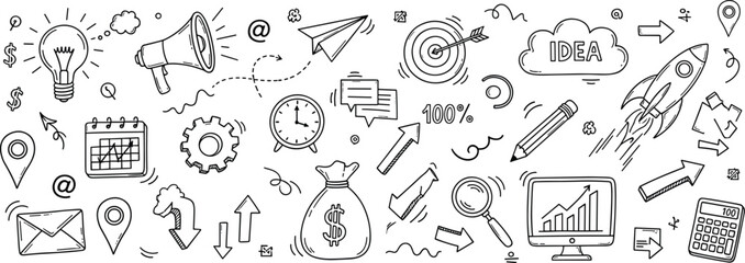 Business doodles, productivity icons, planning tools, financial growth symbols, creative strategy visuals, innovation elements, flat vector illustration