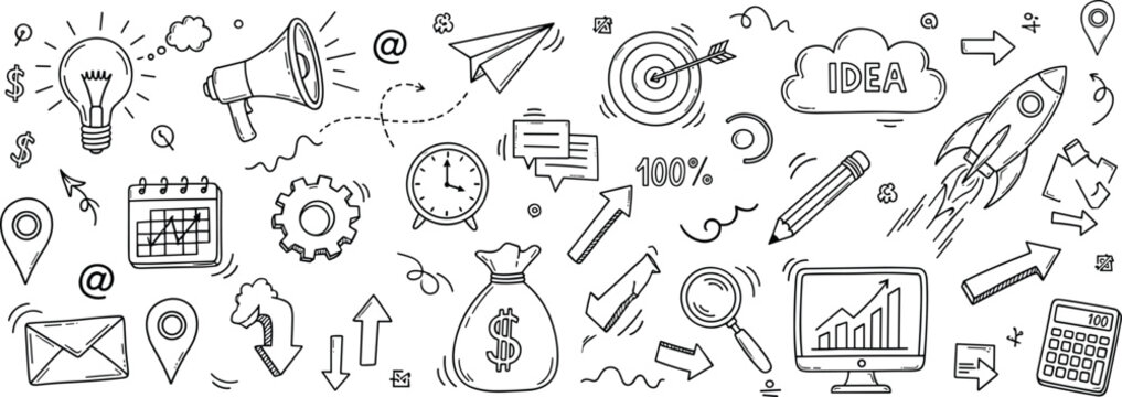 Business doodles, productivity icons, planning tools, financial growth symbols, creative strategy visuals, innovation elements, flat vector illustration