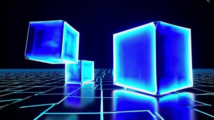 Futuristic glowing neon cubes floating and rotating over digital grid floor, abstract 3d geometric technology background - Powered by Adobe