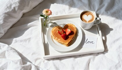 cozy morning in bedroom with romantic coffee and heart pancake breakfast