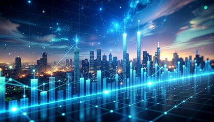 Analyze vibrant city skyline with dynamic financial data overlay for compelling business reports and future investment strategies during evening twilight hour