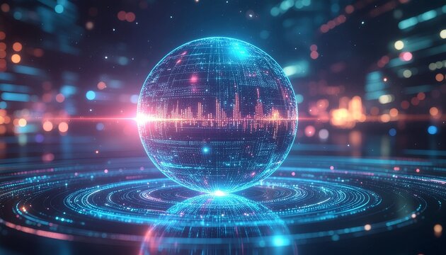 Futuristic digital sphere with vibrant light trails for cutting edge tech concepts, innovative solutions and dynamic data visualizations in modern designs
