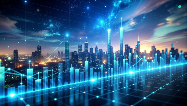 Analyze vibrant city skyline with dynamic financial data overlay for compelling business reports and future investment strategies during evening twilight hour