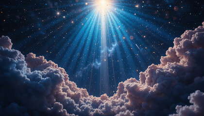 Divine Light Shines Through Clouds and Stars in the Night Sky