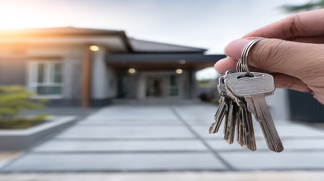 A blurred home exterior at sunset provides the background for a hand holding a house key, an image that conveys warmth and signifies a new start