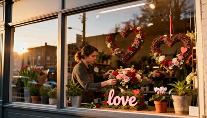valentines day flower shop window with love sign and romantic bouquets