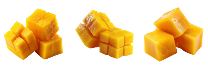 Set of Bright yellow mango cubes arranged in a minimal on transparent png background. Ai generated